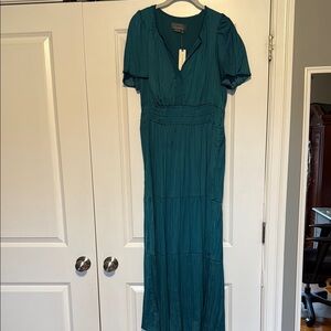 Anthropologie Women's Teal Maxi Dress with V-Neck and Smocked Waist